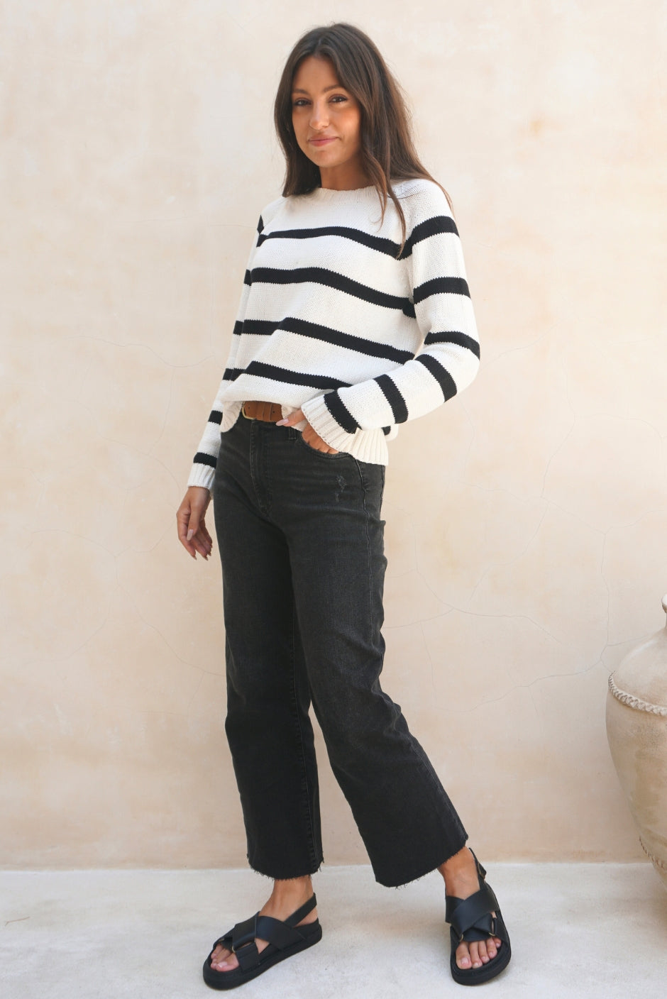 Stripe Sloane Crewneck in Off White