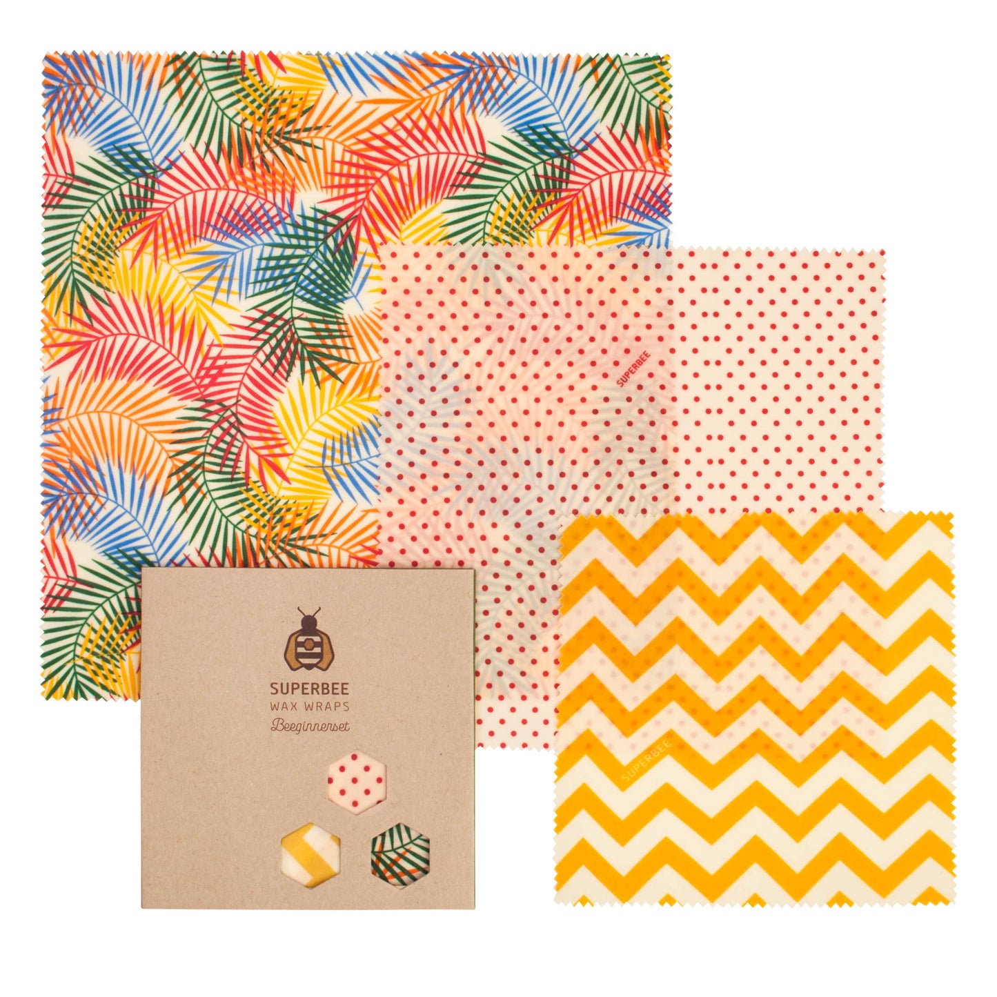 Set of 3 different Sizes in Tropical Paradise Print set of SuperBee Beeswax Resuable Food Wraps.