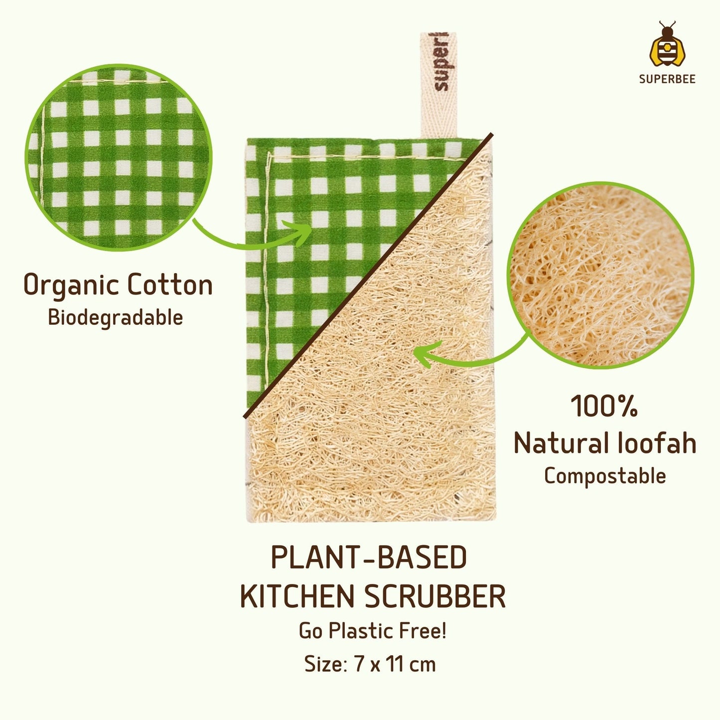 Go Plastic-free with a Plant-based Kitchen Scrubber. 100% Natural Loofah & Organic Cotton is Biodegradable & Compostable.
