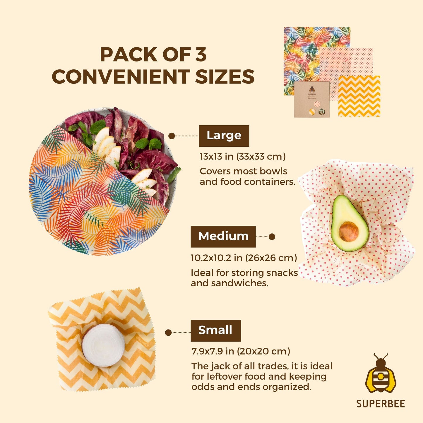 Infographic shows 3 convenient sizes of SuperBee Beeswax Wraps in small. medium & large.