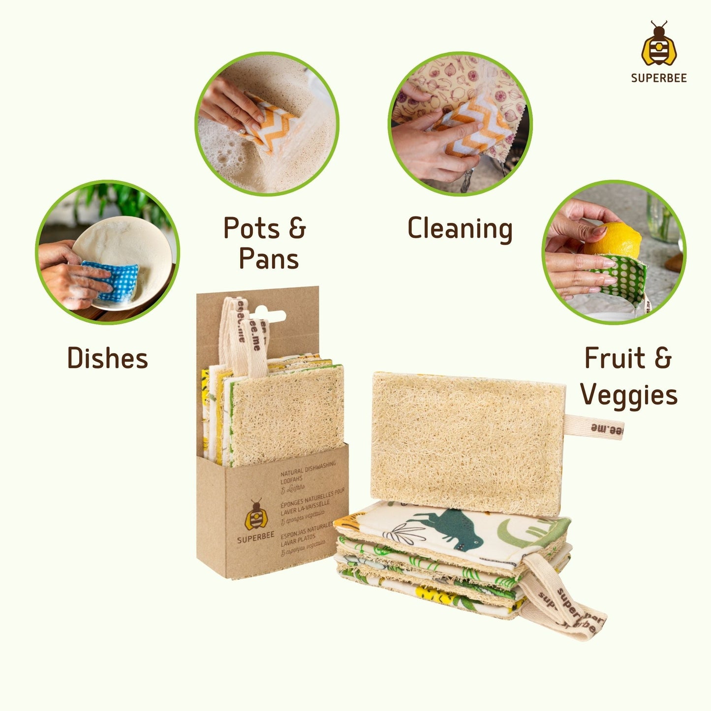 Infographic shows that SuperBee 100% natural & biodegradable dishwashing kitchen loofah scrubbers can be used for dishes, pots & pans, cleaning & fruit & vegetables.