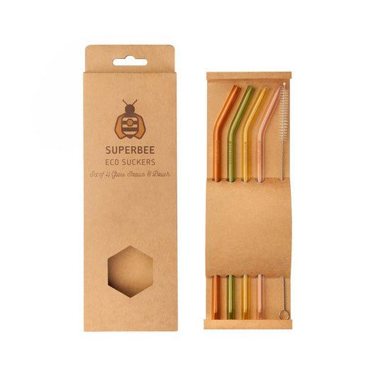Pack of 4 glass straws (pink, yellow, green, and orange) plus a case and cleaner brush