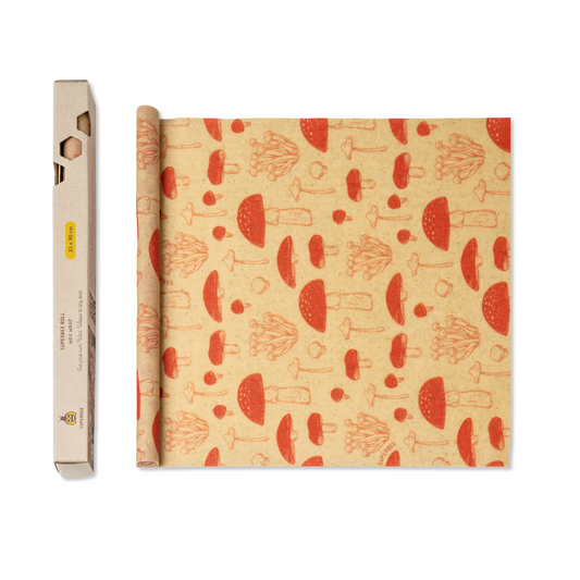 Beeswax Food wrap roll with Mushroom  Pattern (35" x 13" ) by SuperBee – plastic-free, silicone-free, reusable and sustainable.