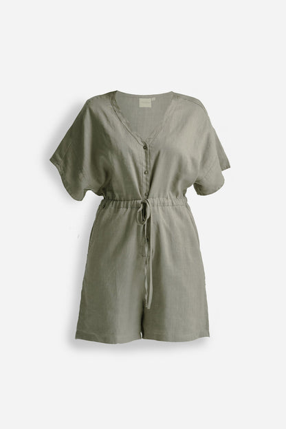 V neck Drawstring Romper in Dark Green